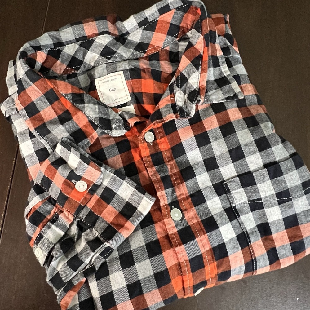 Gap Men's X-large Orange Black Gray Plaid Cotton Twill‎ Button Up Shirt *READ
